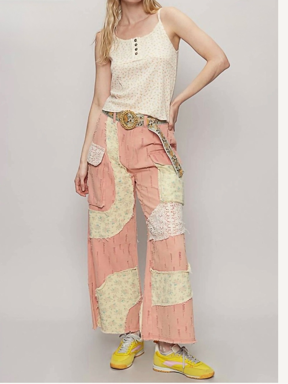 New: POL “Ella” Boho Mixed Floral Lace Patchwork Cargo Pockets Wide Leg Pants• S